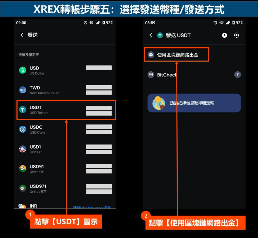 XREX转帐步骤五：选择发送币种-发送方式