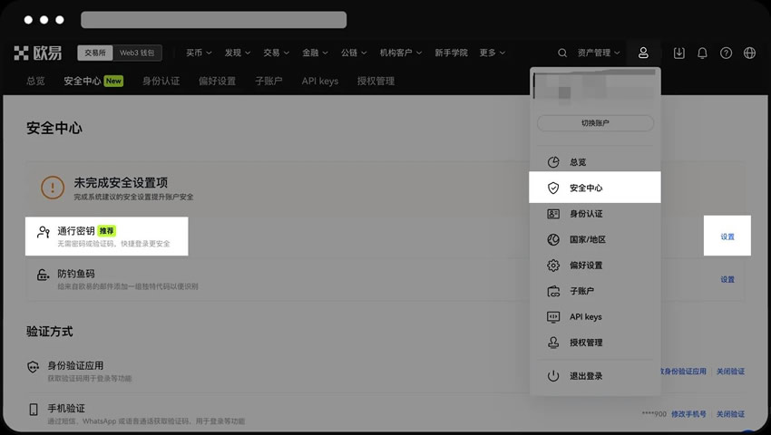 Web端通行密钥设置界面