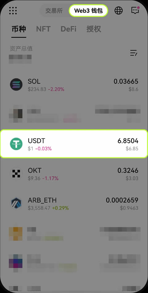 查看USDT资产网络信息