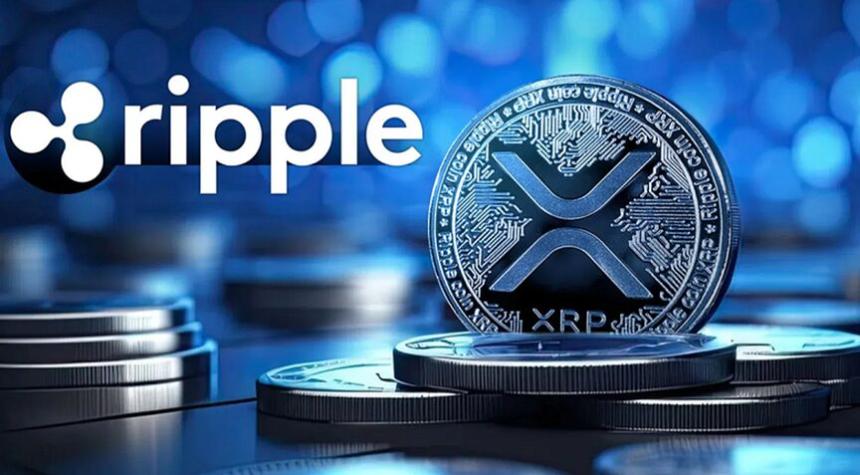 XRP logo and coin on blue digital background