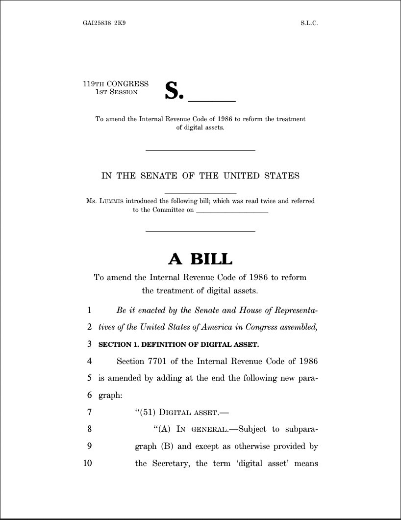  美国参议员 Lummis 起草了一项独立的加密税法案 