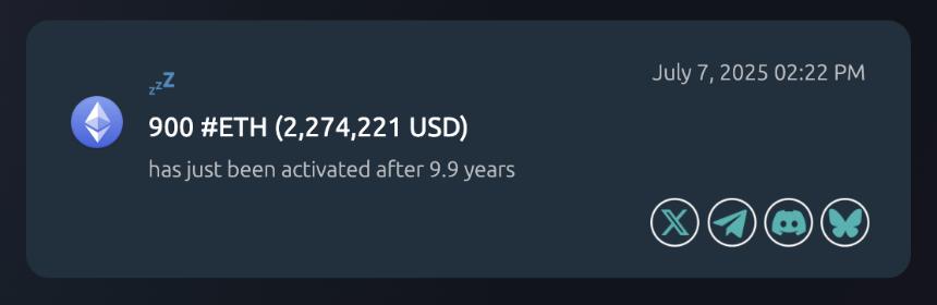 两个以太坊创世钱包在沉寂九年后重新激活，转移价值290万美元的ETH