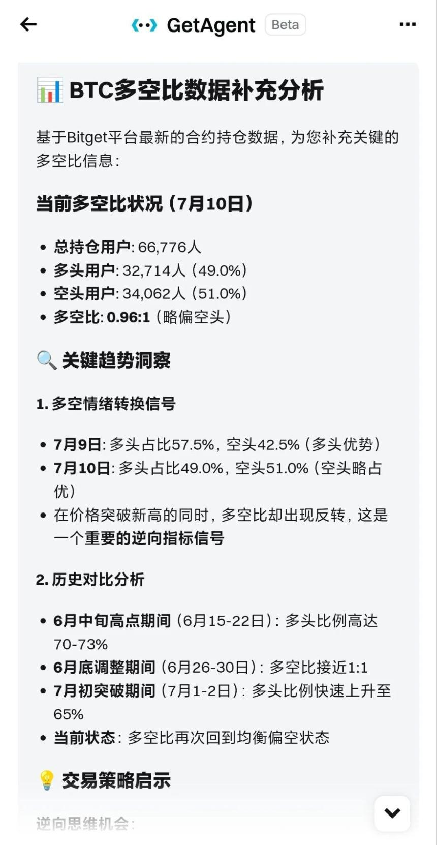 Bitget AI交易助手GetAgent BTC多空分析