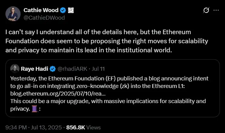 Cathie Wood 支持以太坊的 ZK 推进，表示‘数学就是数学’