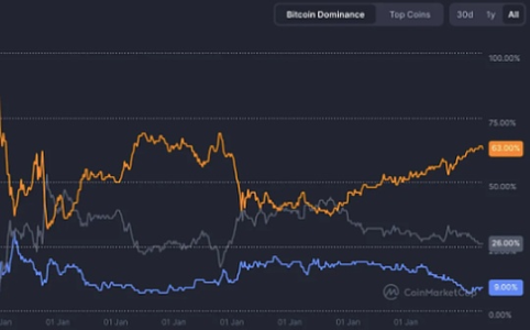 比特币主导地位升至63%：市场趋势凸显价值存储优势