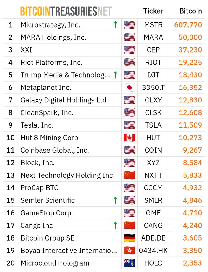 Top 20 largest public holders of Bitcoin