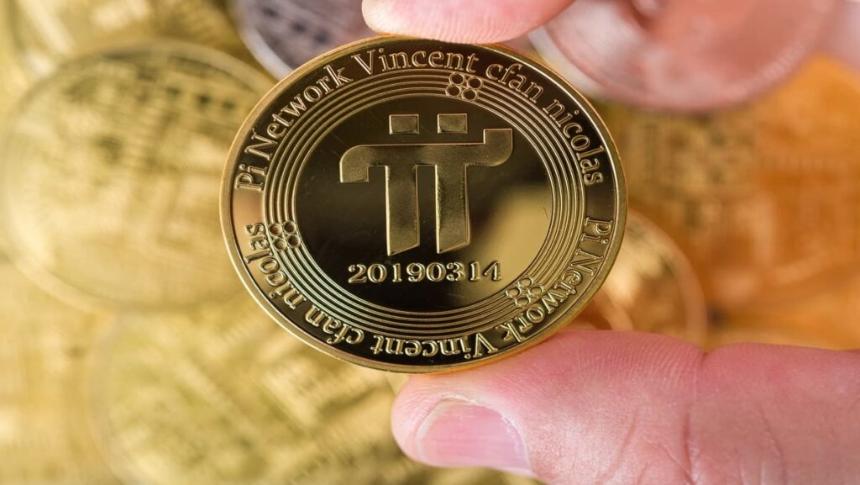 Physical Pi coin held between fingers showing the Pi symbol and network details