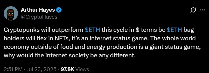 Arthur Hayes 押注 CryptoPunks 超越以太坊