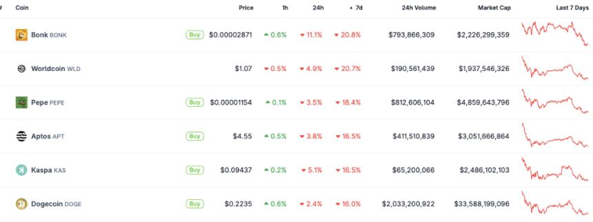 Dogecoin, Pepe, Bonk fall double digits