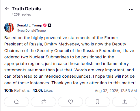 恐慌性抛售：特朗普发出核威胁后，比特币跌破 11.4 万美元