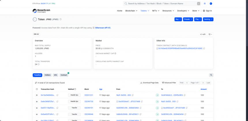 JPMD token on 基础扫描 showing transaction data and market information