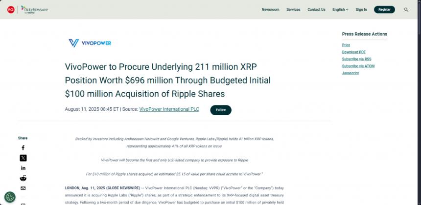 Official VivoPower press release Ripple XRP