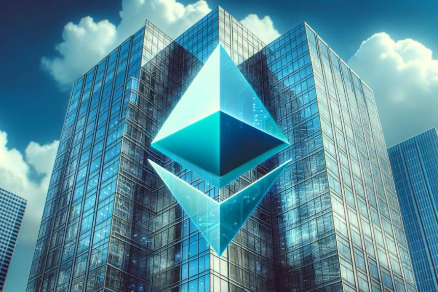JPMorgan headquarters with Ethereum logo overlay