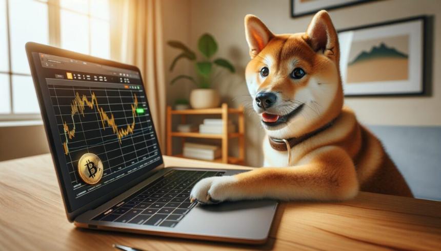 Shiba Inu dog looking at Bitcoin price chart on laptop