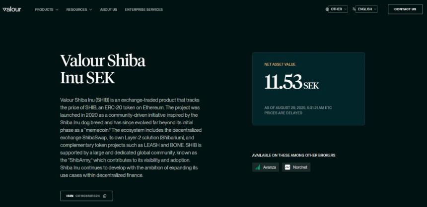 Valour Shiba Inu ETP产品页面显示其净资产价值为11.53瑞典克朗，且可在Avanza和Nordnet经纪商处购买