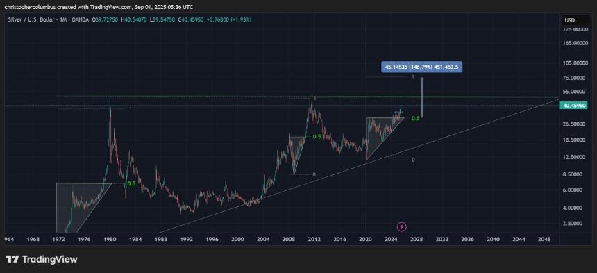 A line graph displaying silver prices over time, spanning from the 1970s to 2024. The chart includes candlestick patterns, trend lines, 和 price levels marked in USD, ranging from 0 to 50,000. A TradingView watermark is visible in the bottom right corner.