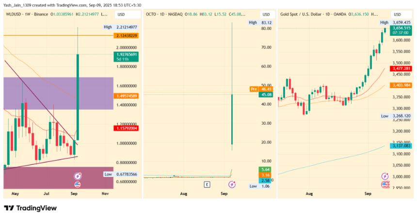 黄金价格创历史新高，国债策略提振势头，WLD 价格飙升 122% 