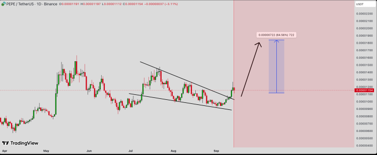 PEPE价格大幅突破：下降楔形形态预示着64%的反弹