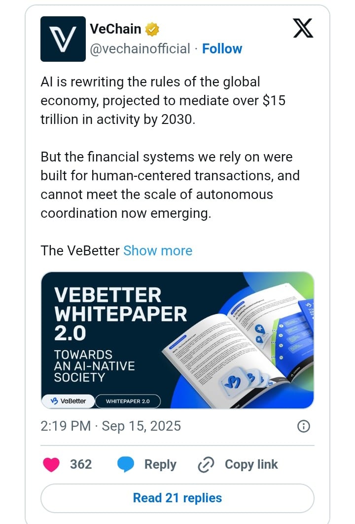 唯链发布VeBetter白皮书2.0，全面布局15万亿美元人工智能经济