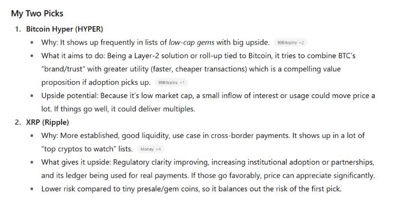ChatGPT Picks Bitcoin Hyper and XRP