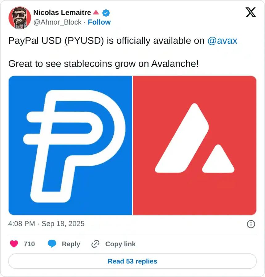 Avalanche整合PayPal稳定币PYUSD