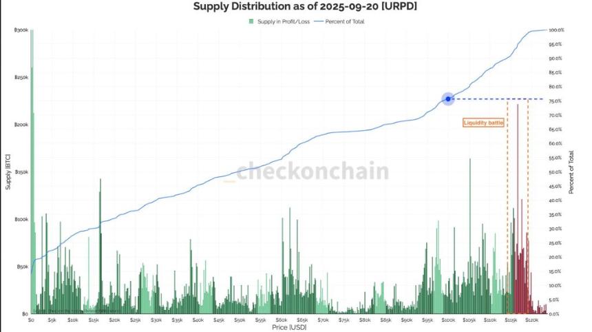 BTC价格在11.4万美元至11.8万美元之间波动，供应量达到10万美元以上