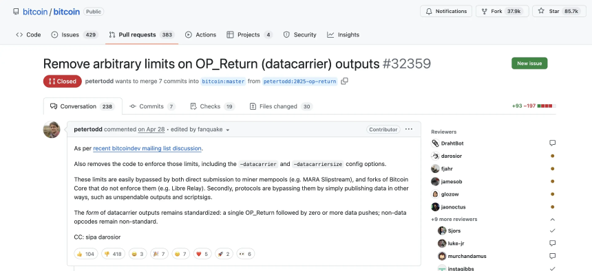 比特币OP_Return字节限制移除引发治理争议与硬分叉担忧