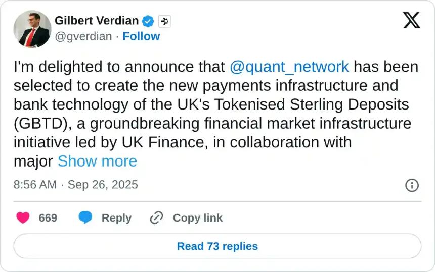 Quant 引领英国金融代币化英镑计划