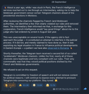 Telegram 创始人声称法国情报部门试图利用有利的法院影响力来换取摩尔多瓦的选举审查