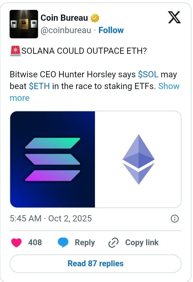 Bitwise CEO预测：Solana有望在Staking ETF领域超越以太坊