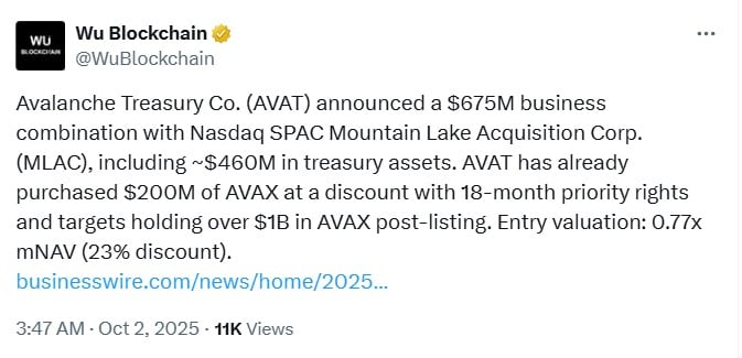 Avalanche Treasury Co. 与纳斯达克 MLAC 达成 6.75 亿美元 SPAC 交易