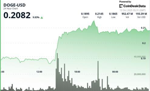 狗狗币24小时飙升11%突破0.22美元关口 机构资金推动市场趋势