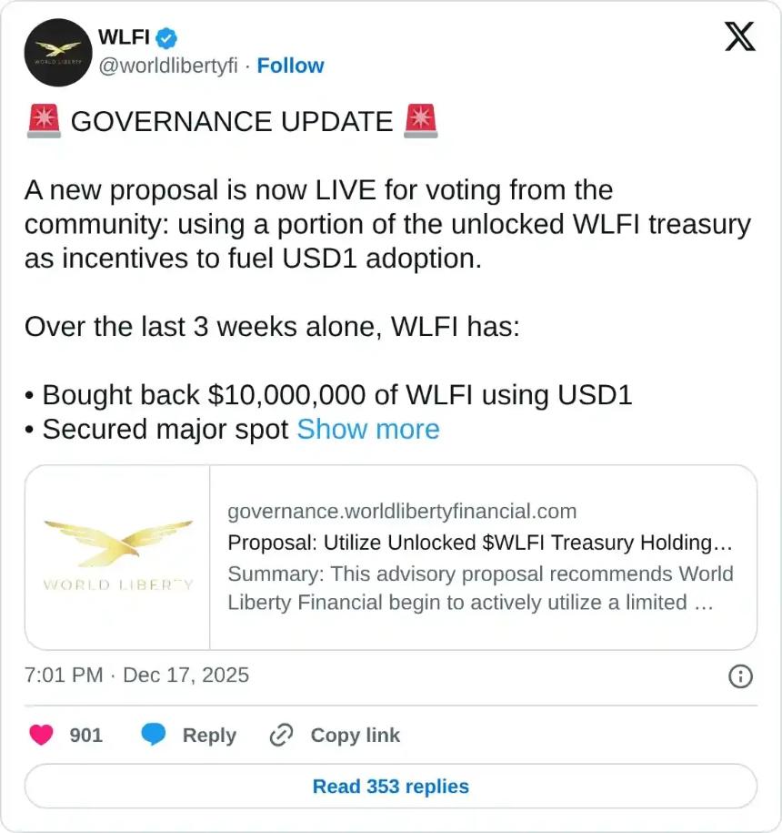 世界自由金融公司（World Liberty Financial）在社区投票决定释放国库资金用于采用1美元货币后实现复苏。