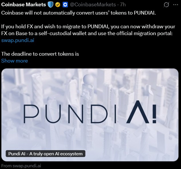 以太坊上的外汇兑换 PUNDIAI 代币迁移已暂停，Coinbase 已启用退出功能
