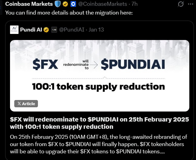 以太坊上的外汇兑换 PUNDIAI 代币迁移已暂停，Coinbase 已启用退出功能