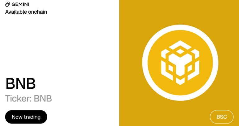 Gemini在美国推出BNB交易和托管支持服务