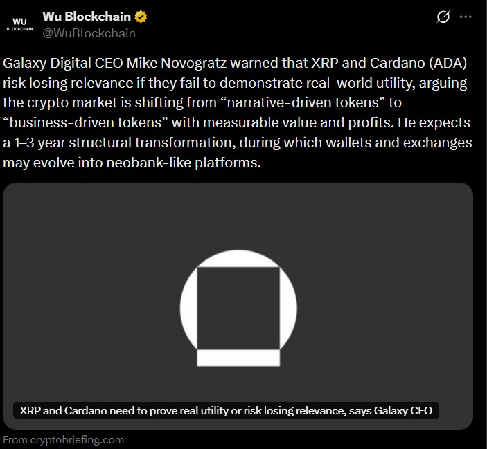 Galaxy Digital CEO：XRP 和 Cardano 过度依赖社区炒作