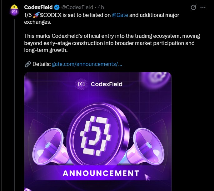 CodexField钱包空投：Gate.io上线，$CODEX<a href=https://www.525btc.com/e/public/ClickAd?adid=3 target=_blank class=infotextkey>币安</a>下一个？
