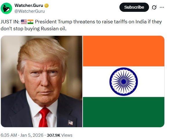 特朗普威胁印度，就俄罗斯石油贸易发出关税警告