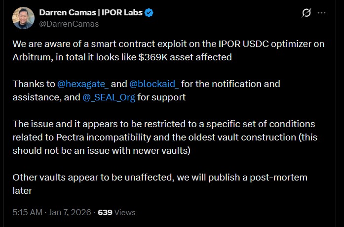 IPOR Fusion Vault 对 Arbitrum 平台的攻击：已确认全额退款。