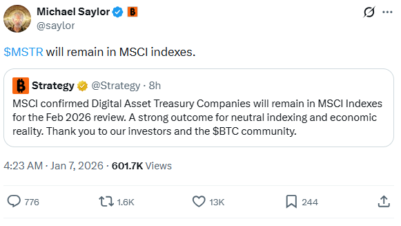 MSCI DATCO指数决定：保留MicroStrategy在指数中