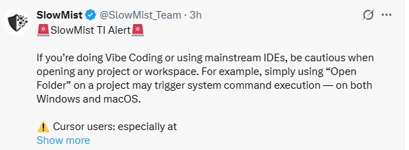 SlowMist IDE 安全警报标记 Vibe Coding 中的隐藏文件夹攻击