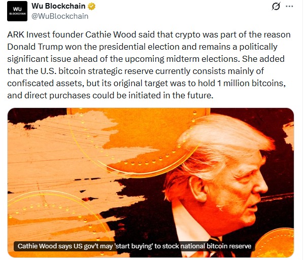 凯茜·伍德表示，美国比特币战略储备可能开始购买比特币。