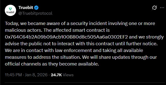 Truebit协议遭黑客攻击，损失2600万美元的DeFi加密货币被盗，TRU代币暴跌99.99%。