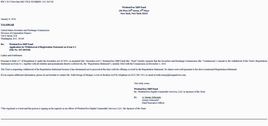 WisdomTree撤回美国XRP ETF上市计划