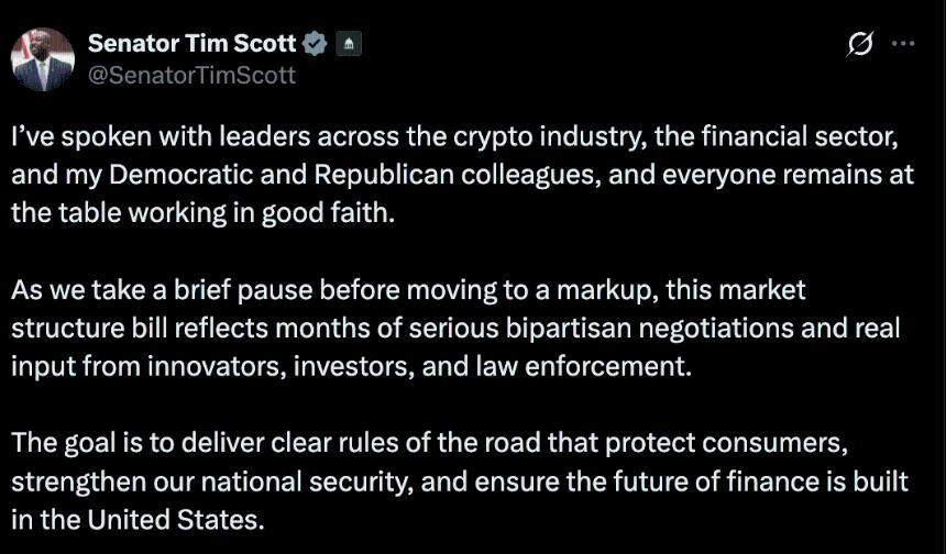 Coinbase提出反对意见后，美国参议院推迟了加密货币市场结构法案的审议。