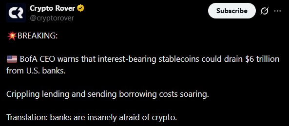 美国银行警告称，稳定币可能导致6万亿美元存款流失。