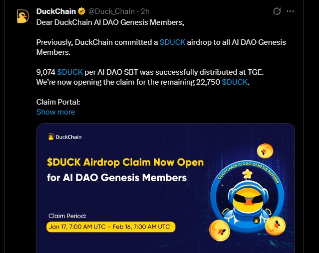 DuckChain空投申领重新开放：$DUCK价格走势平静还是牛市？