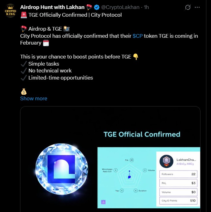 随着City Protocol TGE日期临近,空投活动愈演愈烈。价格会跌至1美元吗?