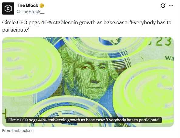 稳定币增长预测达 40%：Circle CEO 的观点和声明